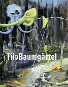 Book cover of Sasa Bogojev's Tilo Baumgärtel, with a painting of woolly mammoth skeleton in forest, with river below. Published by Waanders Publishers.