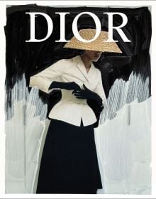 Book cover of Dior: A New Look, with a model wearing a cream jacket, black skirt and woven hat. Published by Waanders Publishers.