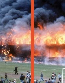 Book cover of Slash & Burn: Marcin Dudek, with a crowd of people running on a sports pitch, with paper strewn on the ground. Published by Hopper&Fuchs.