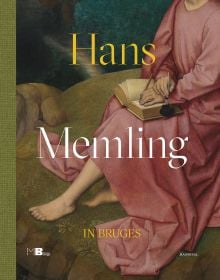 Book cover of Anna Koopstra's Hans Memling in Bruges, with painting of figure in pink writing in book. Published by Hannibal Books.